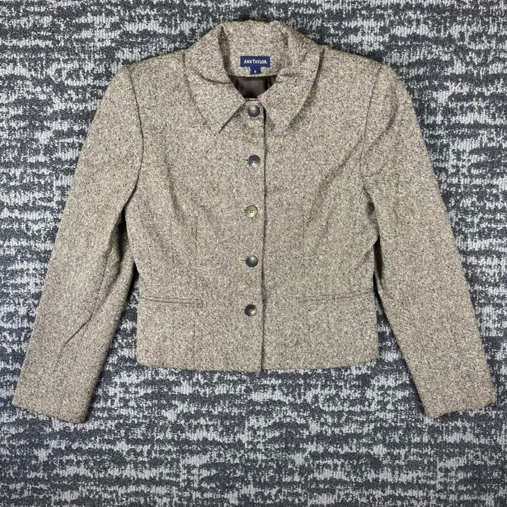 Ann Taylor Blazer Womens 8 Brown Tweed Wool Cashmere Blend Lined USA Made Jacket
